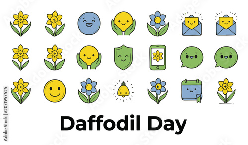 Cute Daffodil Day Vector Icons Collection with Flowers, Emoticons, and Notification Symbols 'Daffodil Day'