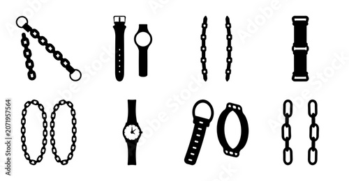 Black and white watch and chain icon set - Minimalist vector icons showing different styles of wristwatches, watch chains, and bracelets in black and white for modern designs.