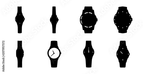 Modern black and white watch designs collection - A stylish set of eight minimalist watch designs in black and white, showcasing different styles from analog to digital.