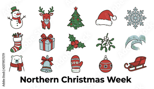 Hand Drawn Doodle Christmas Holiday Icons Collection with Festive Elements and 'Northern Christmas Week' Text