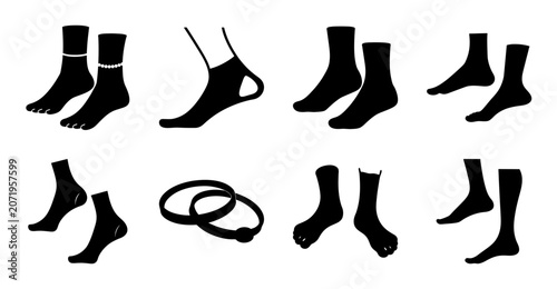 Black footwear and shoe icons in minimal style - Minimal black icons of various footwear styles including shoes, boots, sandals, and heels in a simple and clean design.