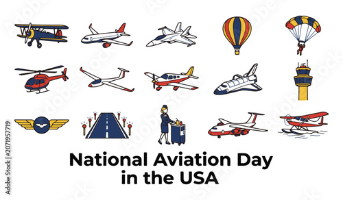 Set of Aviation Vector Icons with Aircraft, Airport Elements, and 'National Aviation Day in the USA' Text