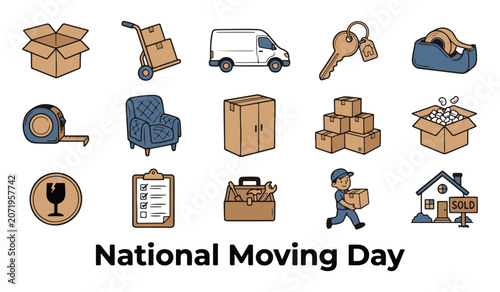 Doodle Style Moving Day Icon Set with 'National Moving Day' Text Illustration
