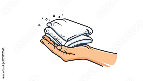 Hand holding folded white towel.