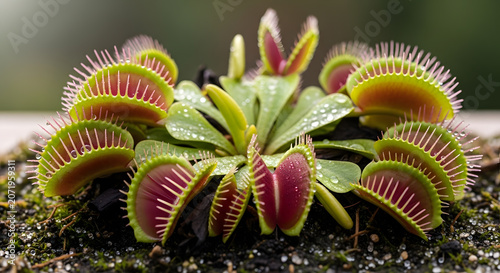 Vibrant Venus Flytrap Carnivorous Plant With Dew Drops Close Up Macro Photography