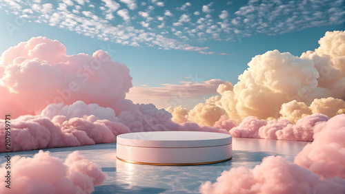 Surreal cloud podium on blue sky pink gold pastel clouds with empty space.Beauty cosmetic product placement pedestal present promotion minimal display,summer paradise dreamy concept.