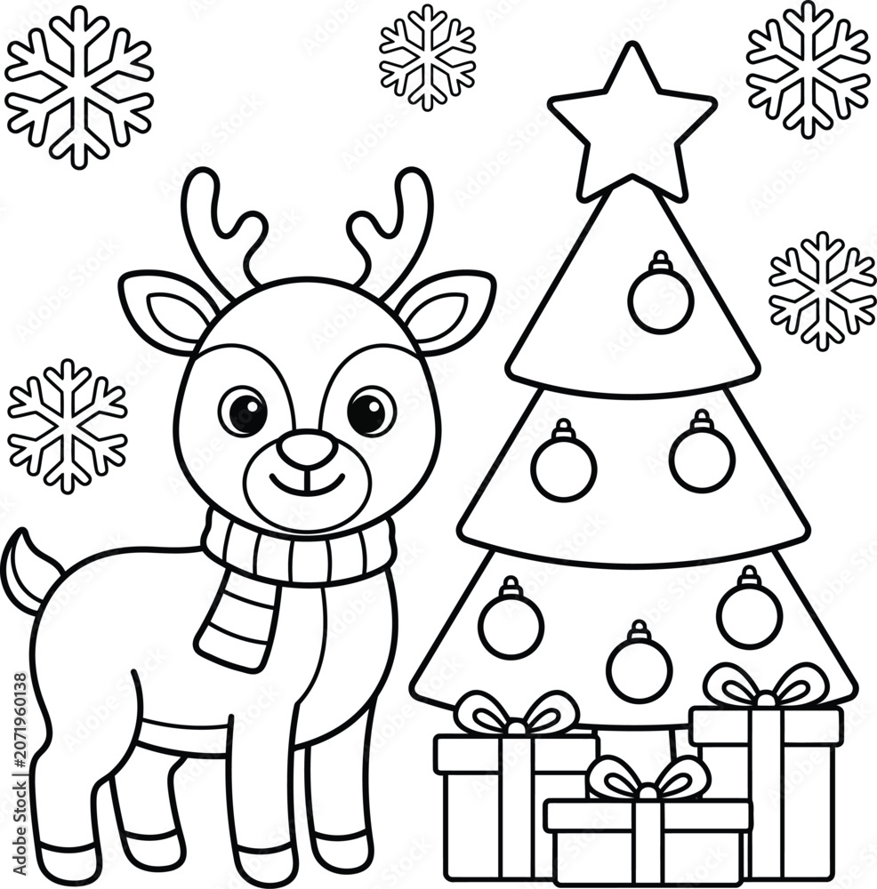 Fototapeta premium Reindeer stands next to a decorated christmas tree with falling snowflakes in a festive coloring book style line art drawing.