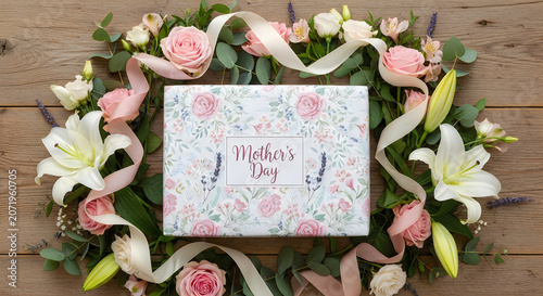 Mothers day gift box surrounded by flowers and ribbon on wooden background