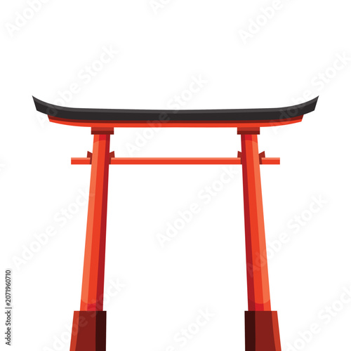 Flat vector illustration of a traditional red Japanese torii gate with a black curved roof, isolated on a clean white background.