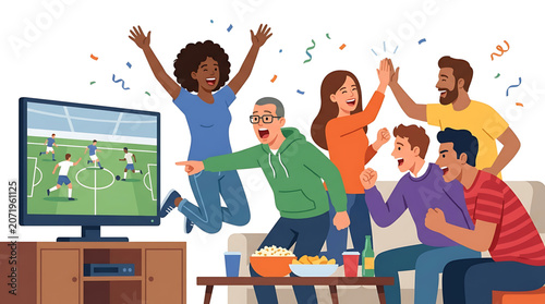 Group of diverse friends cheering and watching a soccer match on tv at home
