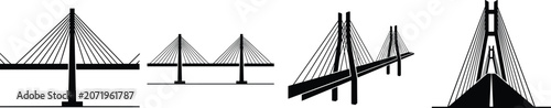 Φωτογραφία Modern Cable Stayed Bridge Icon Set with Suspension Architecture, Highway Overpa