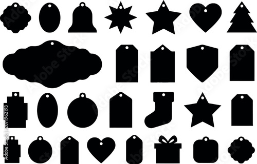 Extensive collection of diverse black blank tags with holiday shapes like stars hearts and Christmas elements