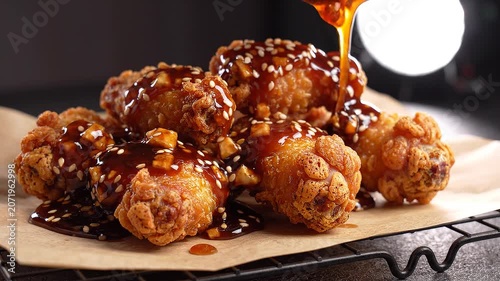Crispy fried chicken pieces with sesame seeds and sauce on baking paper