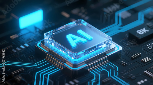 Glowing blue AI chip on circuit board