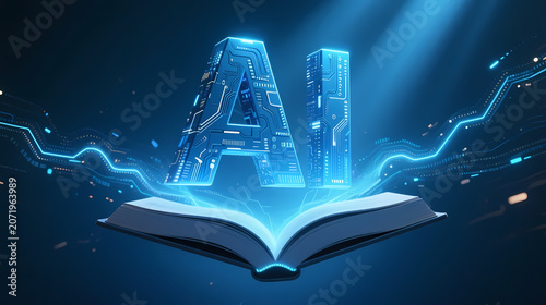 Blue ai letters floating above an open book