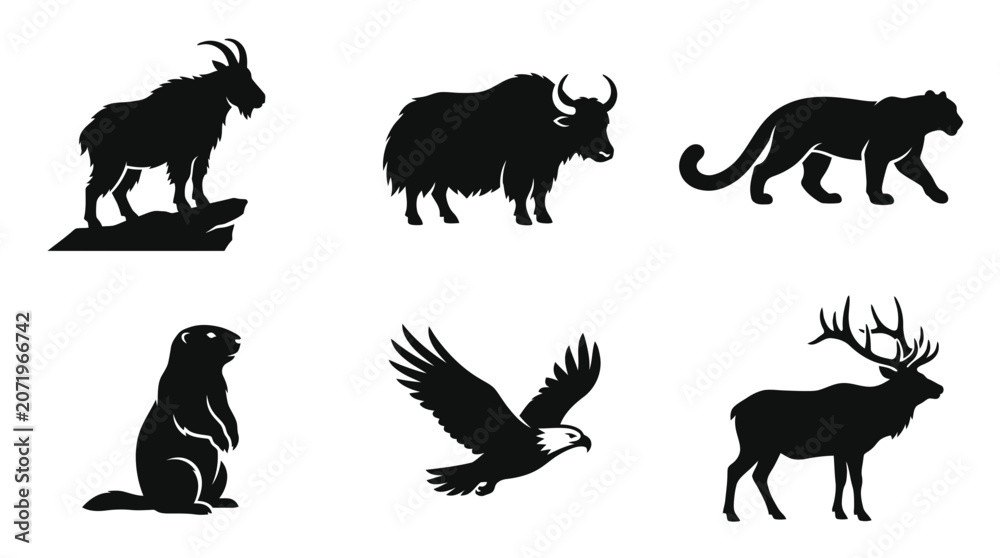 Fototapeta premium mountain wildlife silhouette symbols, mountain goat, yak, snow leopard, marmot, eagle, elk, exactly six symbols