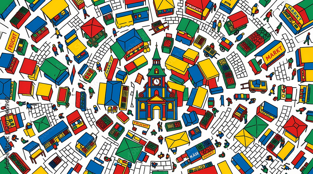 Naklejka premium Aerial view of colorful buildings and houses, Lego-style architecture