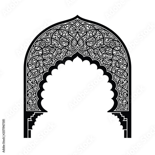 Ornate Line Drawing of Islamic Arch – Black and White Geometric Pattern Icon