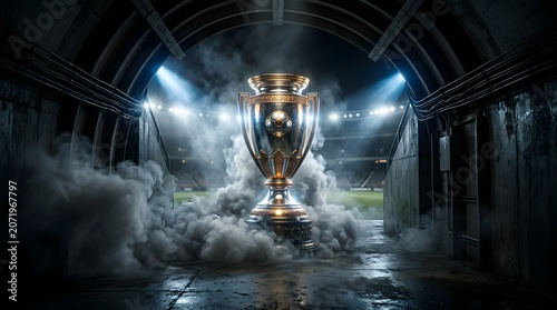 Trophy in a stadium tunnel with smoke and lights