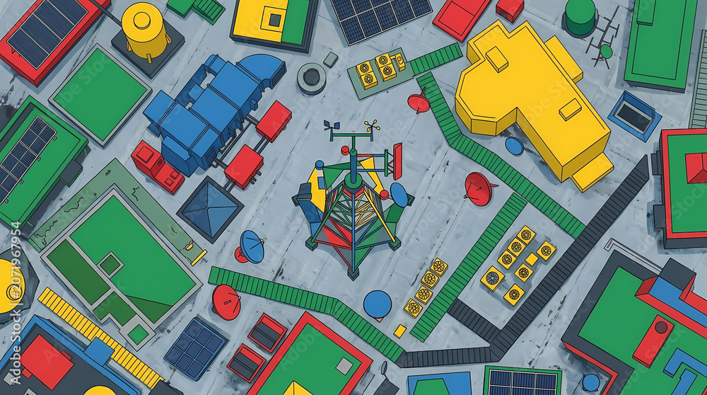 Naklejka premium Aerial view of colorful Lego cityscape with buildings and playground