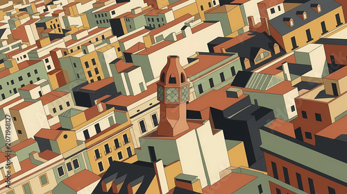 Aerial view of colorful cityscape with terracotta roofs and clock tower