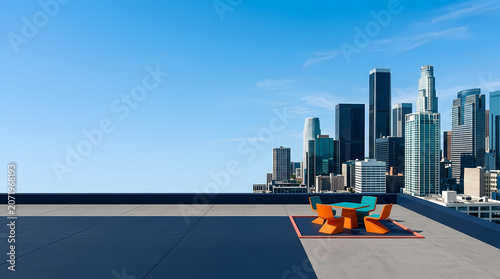 Construction site on rooftop with city skyline background