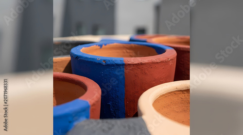 Colorful terracotta pots on table, indoor setting