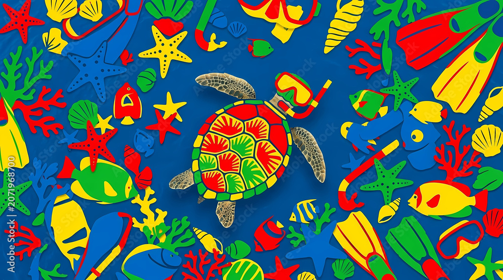 Obraz premium Vibrant sea turtle swims amidst colorful coral reef fish