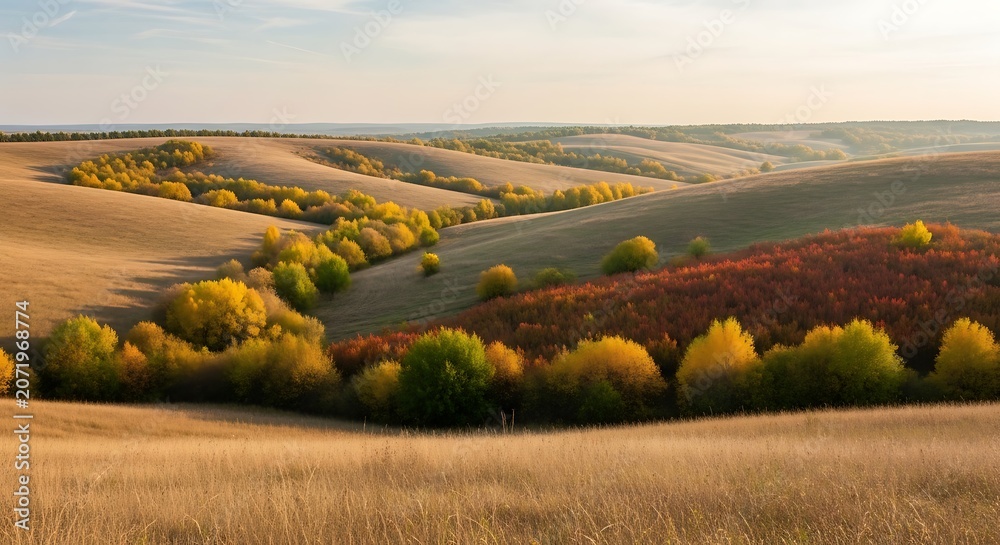 Fototapeta premium Stunning autumn landscape with rolling hills and colorful trees at sunset.