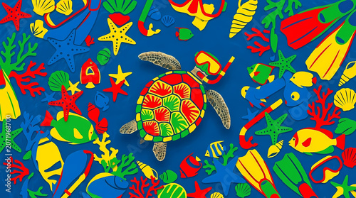 Vibrant sea turtle swims amidst colorful coral reef fish