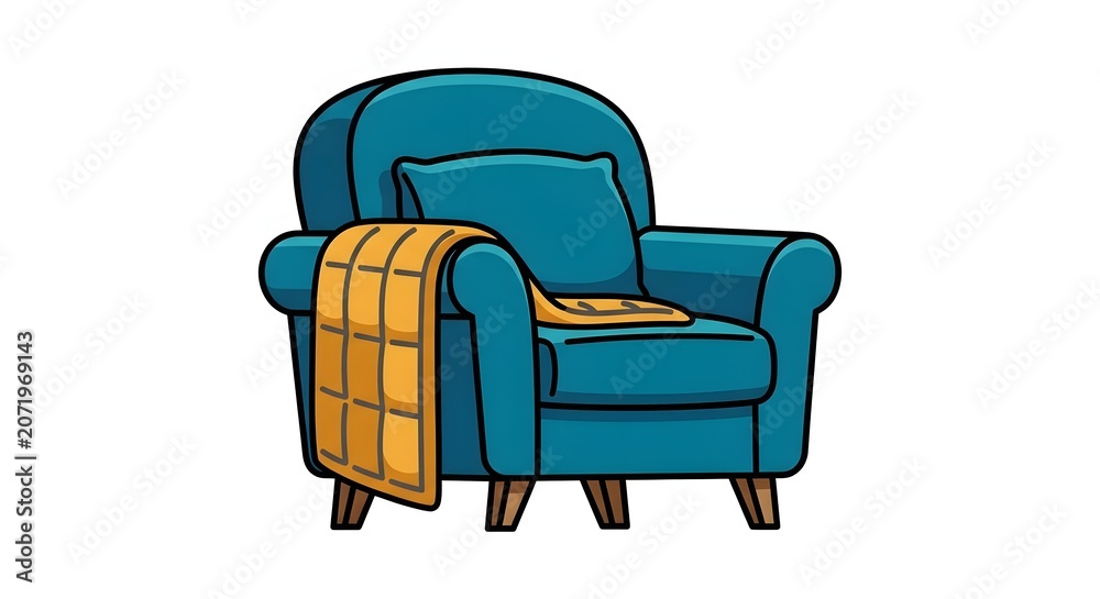 Fototapeta premium Cozy blue armchair with yellow quilted blanket and pillow