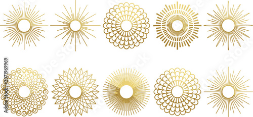 Foto Luxury Golden Art Deco Sunburst and Mandala Vector Icon Set with Geometric Starb