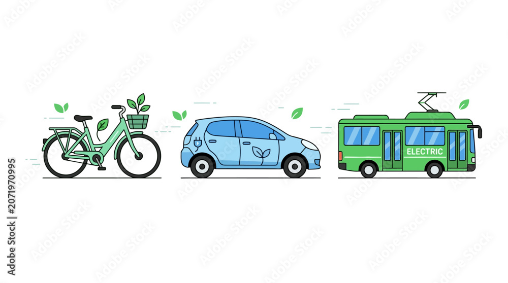 Naklejka premium Eco friendly transportation icons, green bike, blue car, electric bus, sustainable travel symbols isolated on White Background flat vector eps silhouette