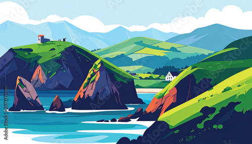 Illustration of green rocky cliffs.