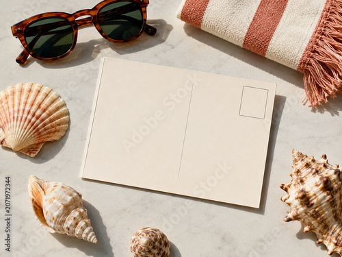 Blank Postcard and Summer Keepsakes in Vintage Vacation Mood