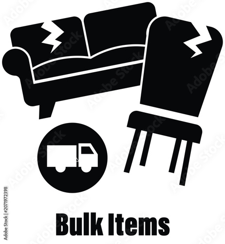 Obraz na plátně Trash cleaning service icons with broken furniture and moving truck for bulk ite