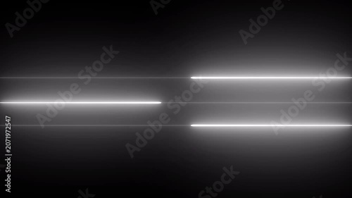 Abstract motion of three glowing white horizontal laser lines on dark background parallel beams of intense light with a smooth glow effect