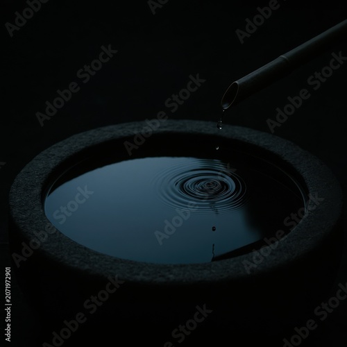 Minimalist Zen garden scene with water droplets creating concentric circles in a stone bowl