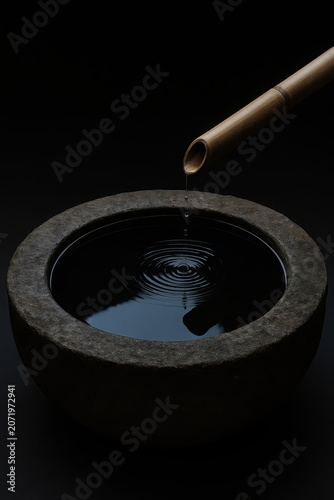 Japanese stone washbasin catching fresh water drops inside a peaceful meditative garden