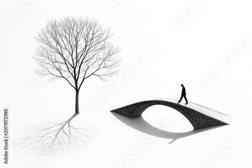 Zen moment with a solitary walker and leafless tree on bridge