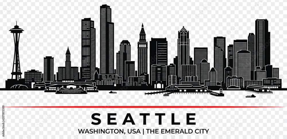 Obraz premium Seattle city skyline silhouette, vector illustration
