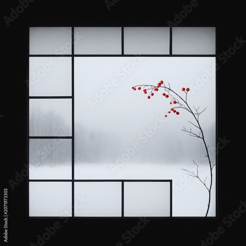 A single branch reaching into stillness beyond the frosted pane
