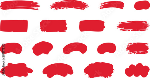Bold red brush paint. Vector watercolor smear effect grunge splashes. Asian ink textured highlight frames, stamp, text box, rectangle speech bubbles. Abstract scribble scratch brush.