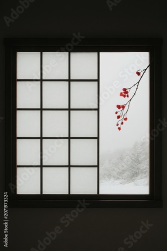 The quiet harmony of snow and crimson seen through shoji glass