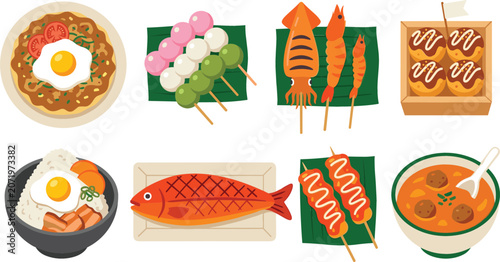 Foto Japanese Street Food and Asian Cuisine Vector Icon Set Featuring Okonomiyaki Dan