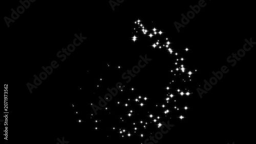 Twinkling glitter stars with glowing magic dust, white glowing fairy sparkle line burst with  sparkling glitter animation, fairy dust wand glitter stars trail transition on black screen, 4k video
