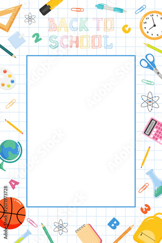 Back to school frame with school supplies on checkered paper. Background template with school tools in flat style.School concept poster for web. Decorative thematic backdrop.Vector illustration.