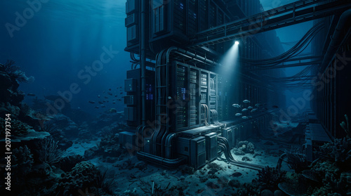 Underwater Server Farm Data Center with Cables and Fish