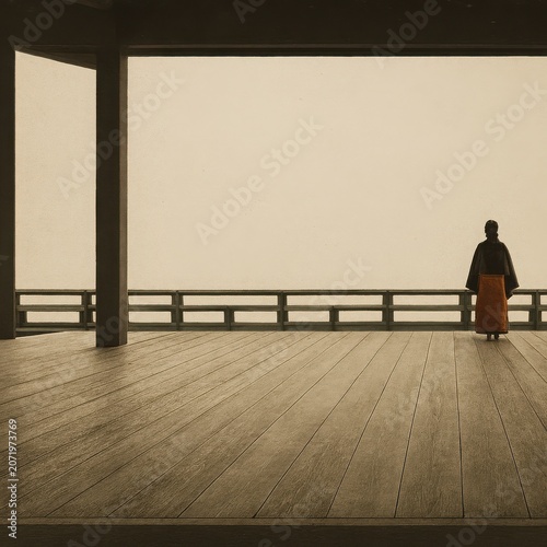 Peaceful meditative scene with a person looking out from a dark wooden pavilion veranda