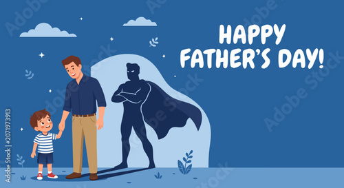 Happy Father's Day vector illustration of a father and son holding hands with a superhero shadow, celebrating fathers and fatherhood